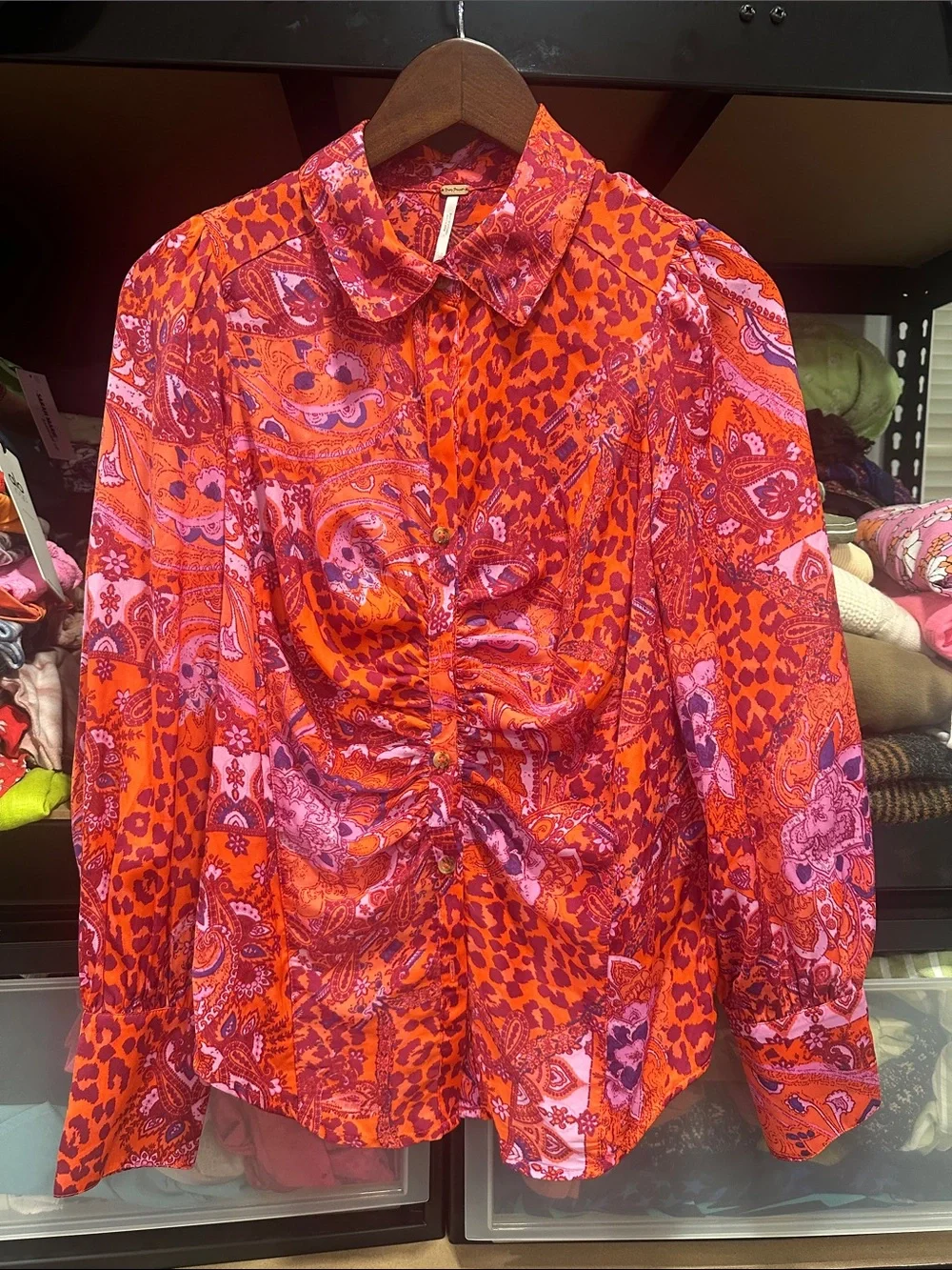 Free People Red and Pink Paisley Button-Front Shirt XS 70’s glam